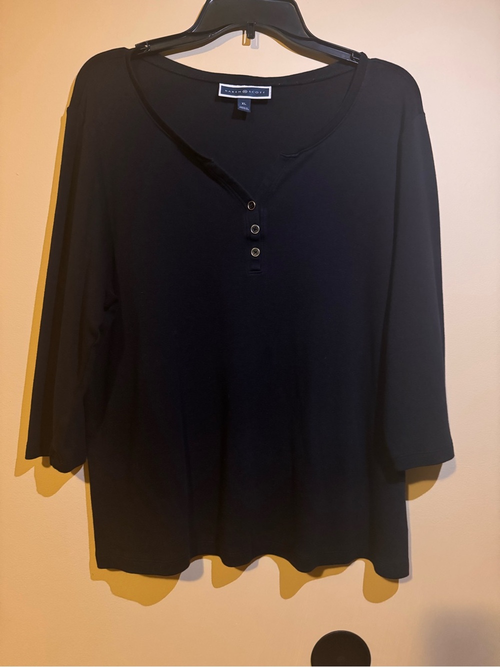 Karen Scott Black Three-Button Henley Long Sleeve Top